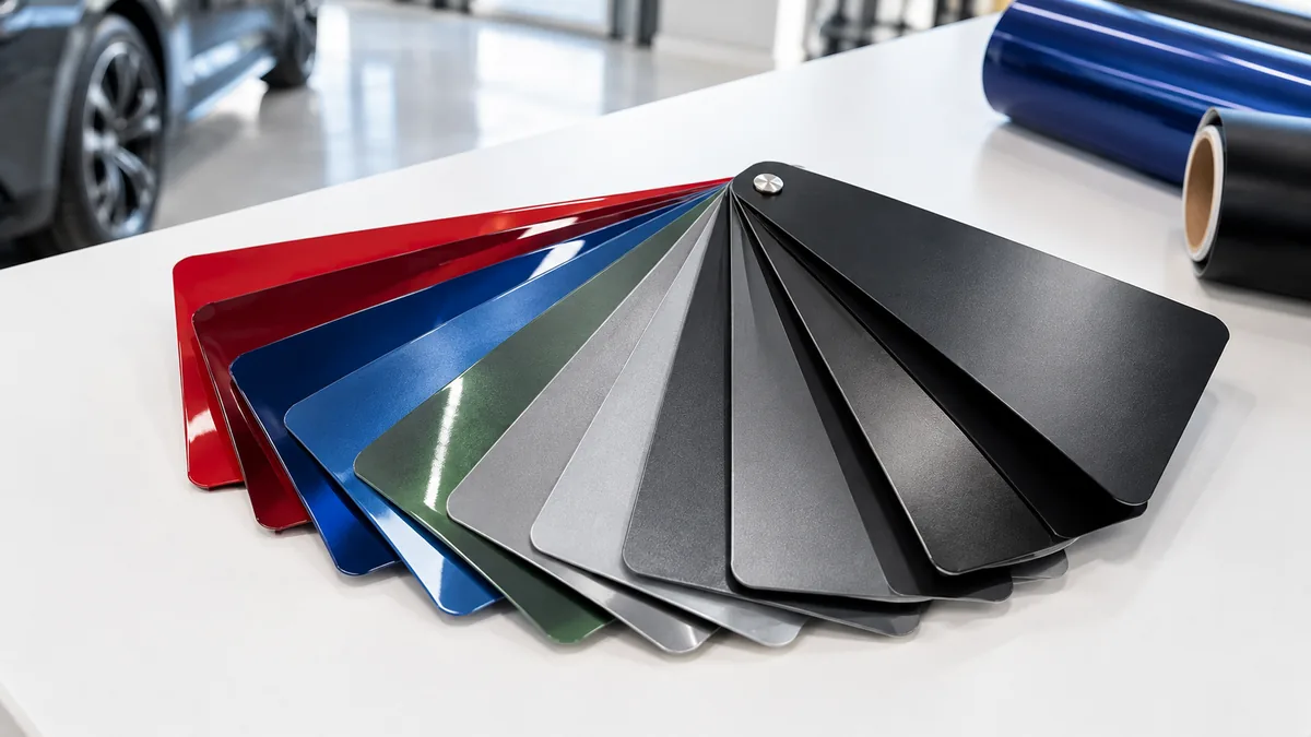 A fan of vinyl wrap colour swatches in gloss, satin and matte finishes on a white table