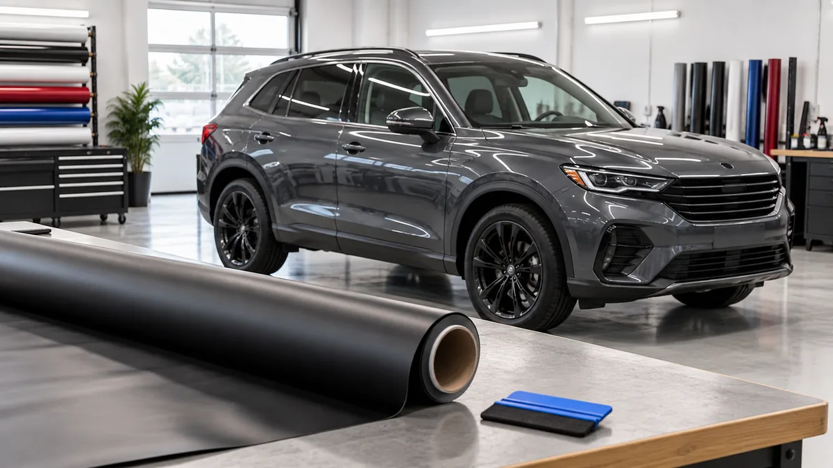 A grey SUV in a wrap shop, with a roll of matte black vinyl on the workbench