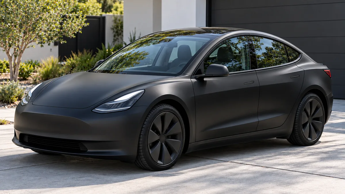 A compact electric sedan wrapped in matte black, parked on a driveway
